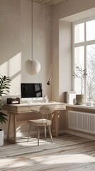 Fototapeta premium Bright and Minimalist Home Office Setup with Desk,Computer,and Decorative Plants