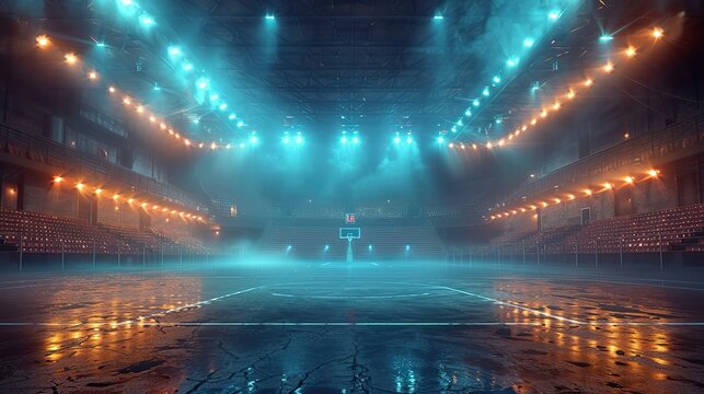 an empty basketball arena a stadium and a sports ground with flashlights and fans.stock photo