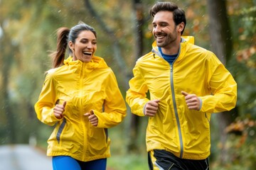 Fototapeta premium Cheerful couple jogging in autumn park, with space for text in serene natural surroundings