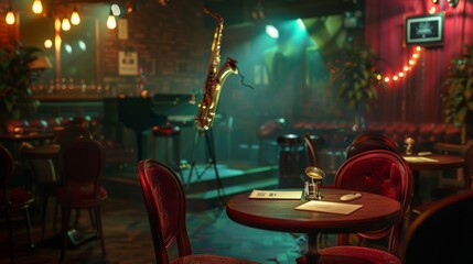 Soulful Jazz Ambiance Moody Club Scene with Saxophone Mic Stand and Business Cards