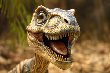 Generative ai on theme of big scary hungry dinosaur with kind eyes and sharp teeth destroying park