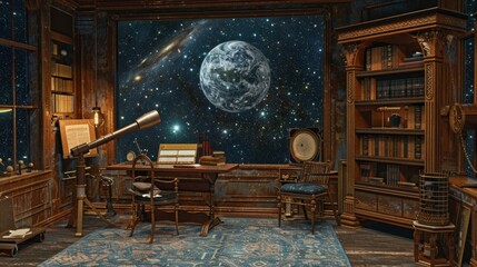 Starry Skies Astronomer's Observatory with Telescope Celestial Globe and Blank Business Cards Space Exploration and Astronomy Concept in a Stock Image