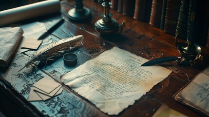 Obraz premium Vintage Writer's Haven Antique Desk with Quill Inkpot and Blank Business Cards for Author's Inspiration and Creativity