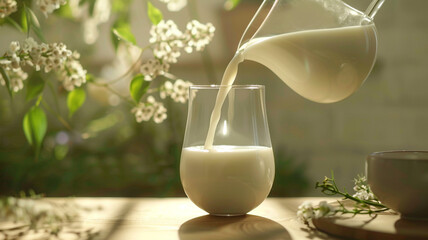 Pouring milk into a glass on a wooden table on a light green nature background