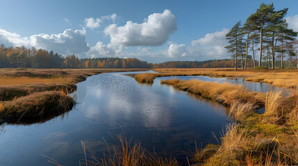 Obraz premium A vast nature moor with low-lying shrubs and a clear blue sky, the sunlight creating dramatic shadows across the landscape