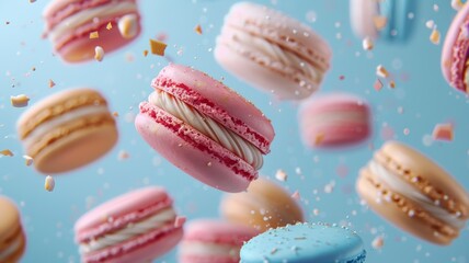 Obraz premium Colorful Macarons Floating in Mid-Air with Confetti and a Blue Background