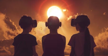 Children wearing VR headsets observing a virtual sun during sunset. Concepts of virtual reality, technology, childhood, immersive experience