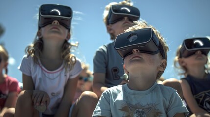 Group of children using virtual reality headsets. Concept of VR technology, immersive experience, kids entertainment, augmented reality