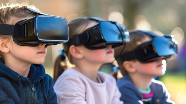 Children Using Virtual Reality Headsets Outdoors. Concept of VR Technology, Kids Entertainment, Outdoor Activities, Future of Learning