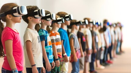 Diverse group of children wearing VR headsets in a line. Concept of virtual reality, technology, immersive experience, kids interaction