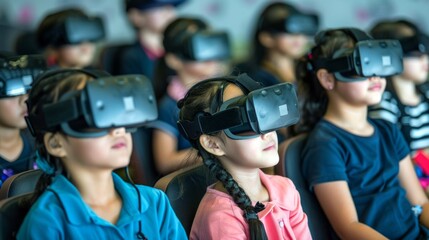 Group of Asian children wearing VR headsets in a classroom setting. Concept of virtual reality, education technology, immersive learning