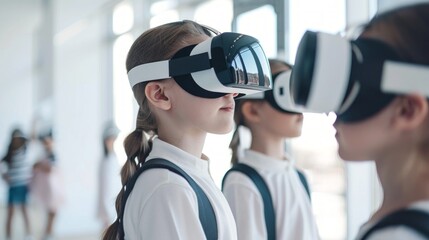 Caucasian girls wearing VR headsets in a futuristic classroom. Concept of virtual reality learning, education technology, immersive training, tech-savvy kids