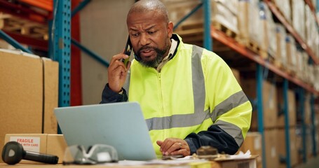 Man, phone call or laptop for logistics in warehouse, shipping or talking of order for distribution. Factory manager, smile or mobile for networking to import inventory or technology in manufacturing