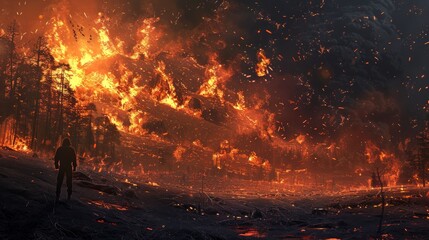 Giant wildfire in a forest setting with a silhouette of a person watching from a distance. Concept of natural disaster, forest fire, environment, climate crisis