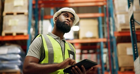 Supply chain, warehouse and black man on tablet for inspection, inventory and online stock....