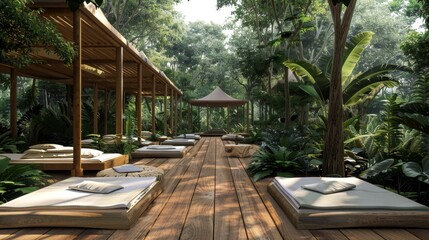 Tranquil Oasis Serene Wooden Meditation Platforms in Lush Rainforest Ecoresort