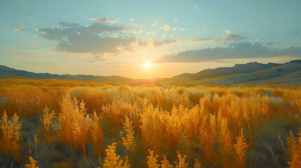 Naklejka premium A vast nature steppe meadow with rolling hills and tall grasses swaying in the breeze, the sunlight creating a warm and inviting atmosphere