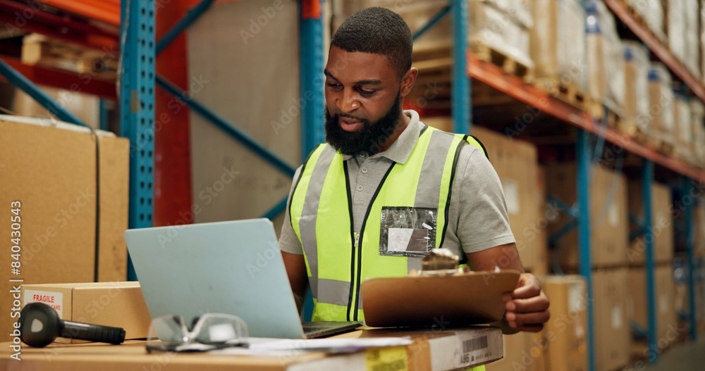 Poster Man, laptop and checklist for inventory in warehouse, technology and research for logistics solutions. African worker, computer and stock taking for ecommerce and online order in distribution center