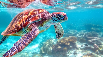 Obraz premium Green sea turtle swimming in crystal clear ocean water. Concept of marine life, wildlife, sea turtle, tropical aquatic life