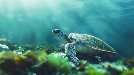 Fototapeta premium Marine turtle underwater in a sunlit ocean. Concept of sea reptile, aquatic life, marine wildlife