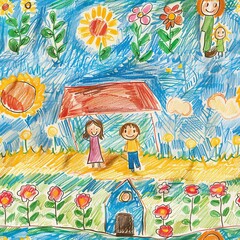 A childâ€™s crayon drawing of a family standing together in front of a house, with the sun shining brightly and flowers blooming in the garden. Minimal pattern banner wallpaper, simple background,
