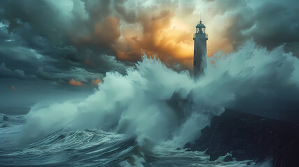 A charming lighthouse on a rocky coastline, with crashing waves and a stormy sky - Powered by Adobe