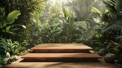 Tropical Garden Gallery Exquisite Wooden Platform for Outdoor Art Installations Surrounded by Lush Foliage