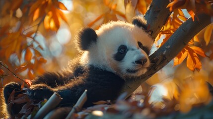 Obraz premium Adorable baby panda climbing a tree branch. Cute panda cub in its natural habitat. Concept of wildlife, cuteness, and conservation. Perfect for nature and animal themes