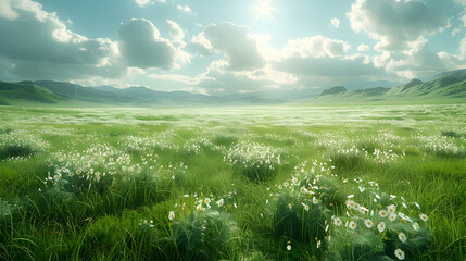 A vast nature steppe meadow with rolling hills and tall grasses swaying in the breeze, the sunlight creating a warm and inviting atmosphere
