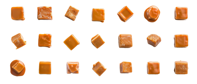 Square cut caramel pieces set collection. French flair or breakfast treats. top view / flat lay. design elements.