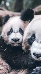 Obraz premium Close-up of a Giant Panda and a Baby Panda in a Forest. Concept of wildlife, animal family, endangered species, nature. Vertical