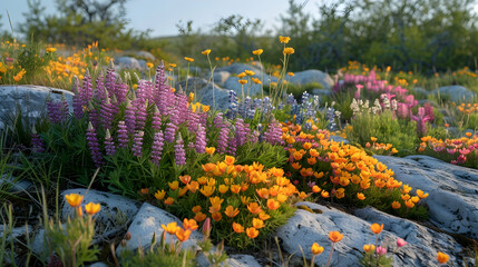 A vibrant nature alvar landscape with a diverse array of wildflowers and hardy plants
