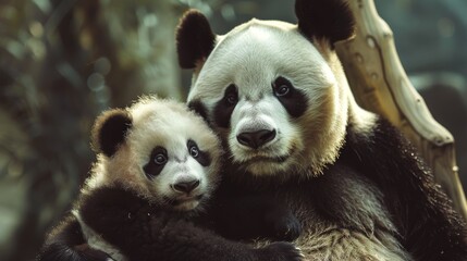 Fototapeta premium Adult panda cuddling with baby panda in a forest. Concept of wildlife, animal bonding, nature, family