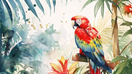 Colorful parrot with tropical palm trees on watercolor background. Concept of exotic bird, nature, parrot art, tropical illustration