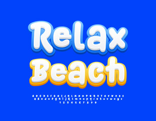 Vector travel advertisement Relax Beach. Funny White and Blue Font. Bright Alphabet Letters and Numbers set.