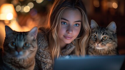 she is distracted by her cats while working on her laptop.illustration
