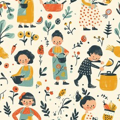 A child's artistic interpretation of their family cooking dinner in the kitchen, with pots, pans, and ingredients scattered around. Minimal pattern banner wallpaper, simple background, Seamless,