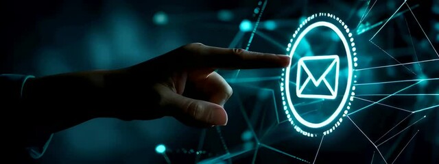 A person hand pointing digital email icon on a virtual screen and digital blurred background email marketing concept