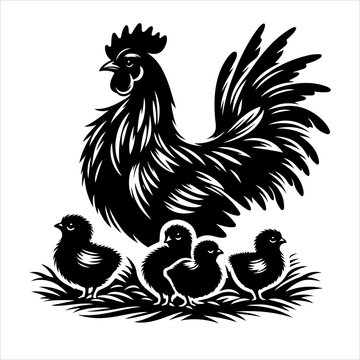 black rooster with chicks family clip art preview