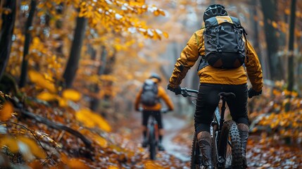friend and woman mountain biking in a forest.stock illustration