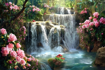 Generative ai on theme of beautiful majestic waterfall in natural nature, national park attraction