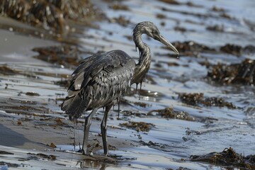 bird covered in oil on a polluted beach