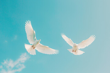 Fototapeta premium White doves soaring freely in a serene blue sky, symbolizing peace and freedom.
