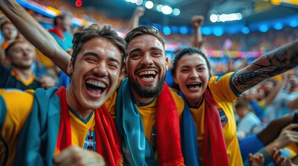 Naklejka premium view of football soccer fans with colorful scarves cheering for their team at crowded stadium at evening time concept of sport support competition out of focus effect.image illustration