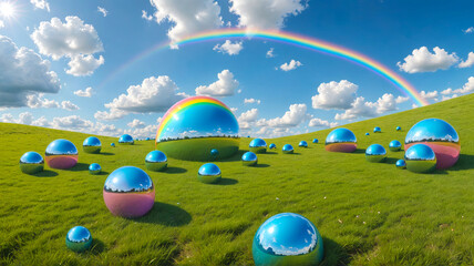 Colorful Balls Scattered Across a Blooming Meadow