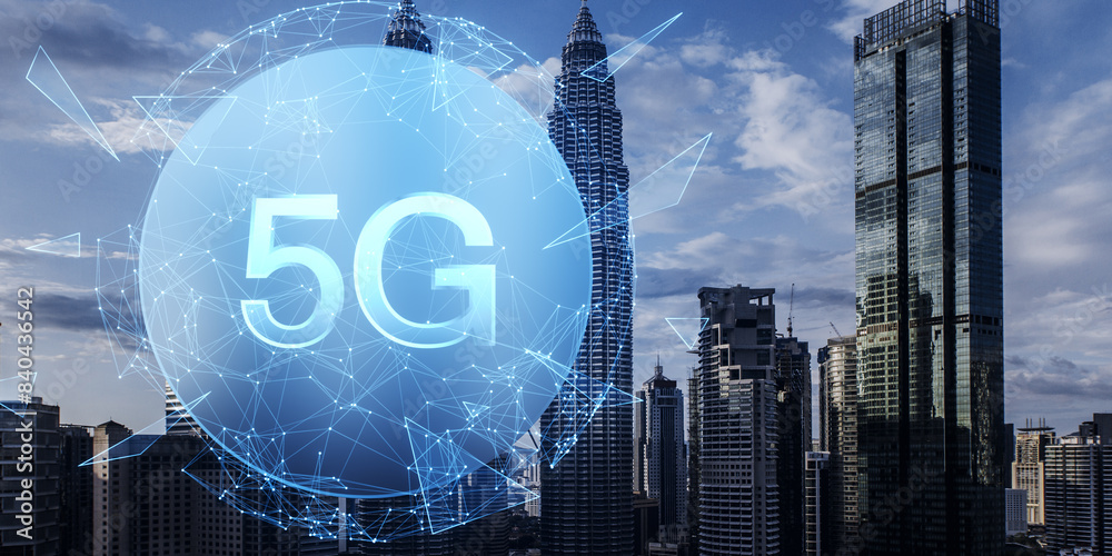 Poster creative polygonal globe with 5g internet hologram on blurry city background. technology, data and f