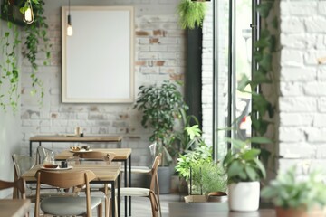 Modern cafe interior with eating tables and chairs, window and mockup frame