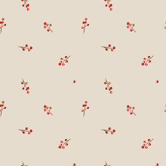 Watercolor seamless pattern of branches with Christmas red berries of ilex. New Year plant. Hand drawing illustration on isolated background. Repeat pattern of Winter Festive Natural Decoration.