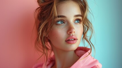 Fototapeta premium an isolated profile view of a young beautiful girl posing in a hoodie against a blue pink gradient background.image illustration