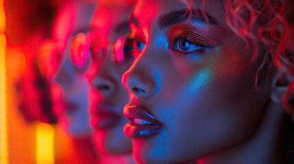 collage of models on a multicolored neon background photographs of a group of people on a multicolored neon background.image illustration